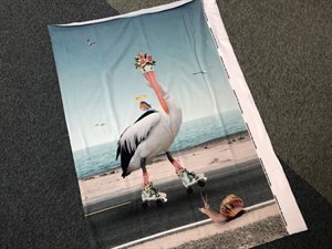 Bomuldsjersey - pelikan på rulleskøjter og flamingo med kamera, panel